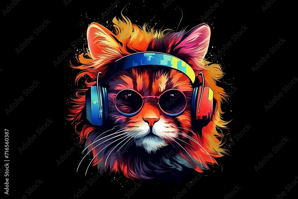 Hipster cat listening to music in headphones and sunglasses. Cute furry feline in trendy outfit. Vector illustration for apparel, accessories, and home decor.