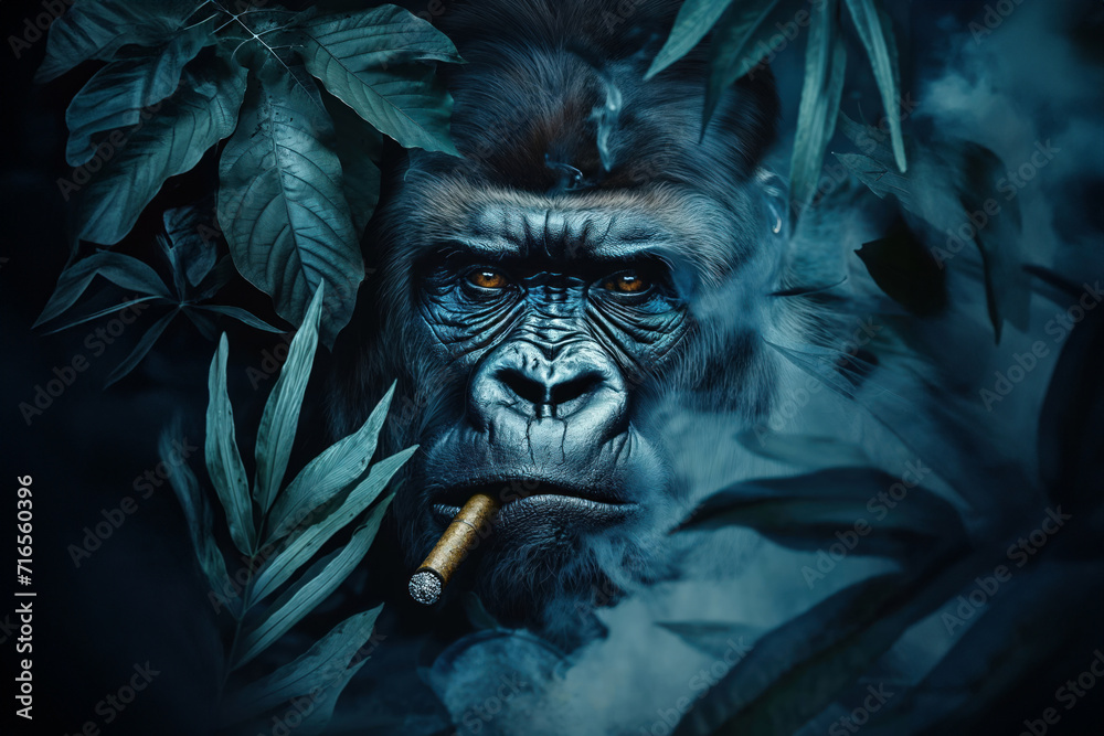 Gorilla with Cigar in Misty Jungle