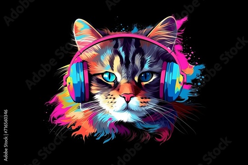 Hipster cat listening to music in headphones and sunglasses. Cute furry feline in trendy outfit. Vector illustration for apparel, accessories, and home decor.