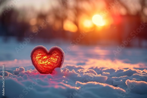 Winter love symbol red heart in snow against sunset backdrop