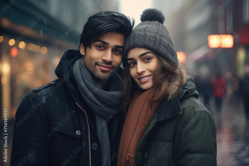 Loving young Indian young couple wearing winter clothing in the outdoor