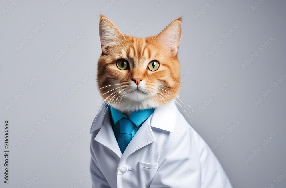 red cat-doctor, in a white coat, plain background, studio photo red cat-doctor, in a white coat, plain background, studio photo