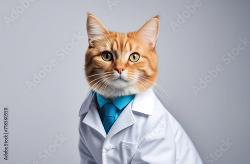 red cat-doctor, in a white coat, plain background, studio photo © yuntunen