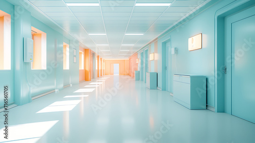 hospital corridor with light shining through glass, in the style of soft pastel colors, medical themes.