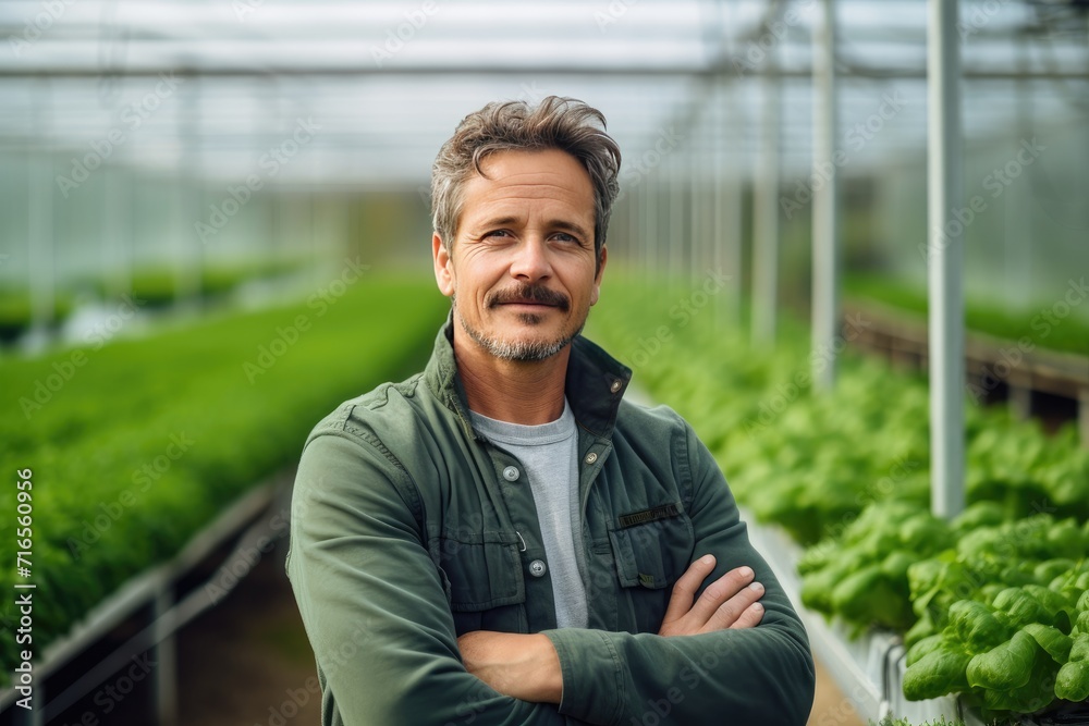 Potrait of a vegetable grower working in a large industrial greenhouse growing vegetables and herbs. Farmer Potrait of a vegetable grower working in a large industrial greenhouse growing vegetables and herbs. Farmer