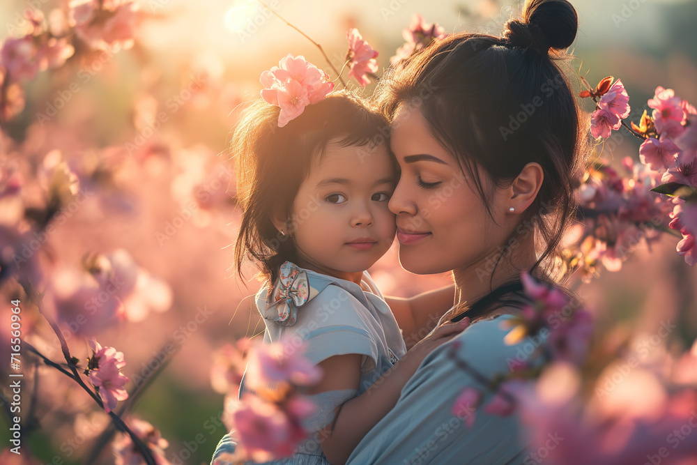 Fototapeta premium Closeup of a young mother day concept and her little daughter. family outdoor park. Mom playing with her little cute child.