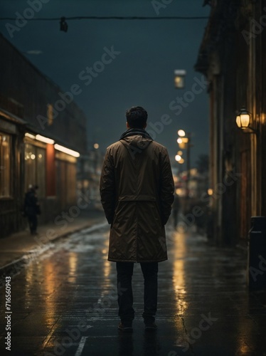 Man Walking Down Rainy Street in Urban Setting During Bad Weather Conditions. Generative AI.