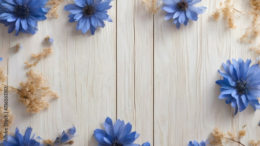 Blue wild flowers on white wooden background with copyspace