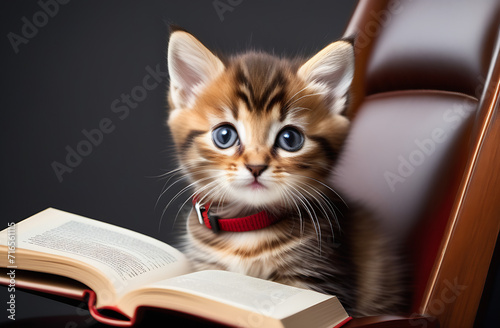 brown striped kitten with glasses sits on a chair and reads a book 
