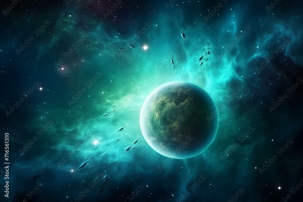 Starry space with turquoise hues, shining star dust, nebula, realistic galaxy, milky way and planet background. Generative AI