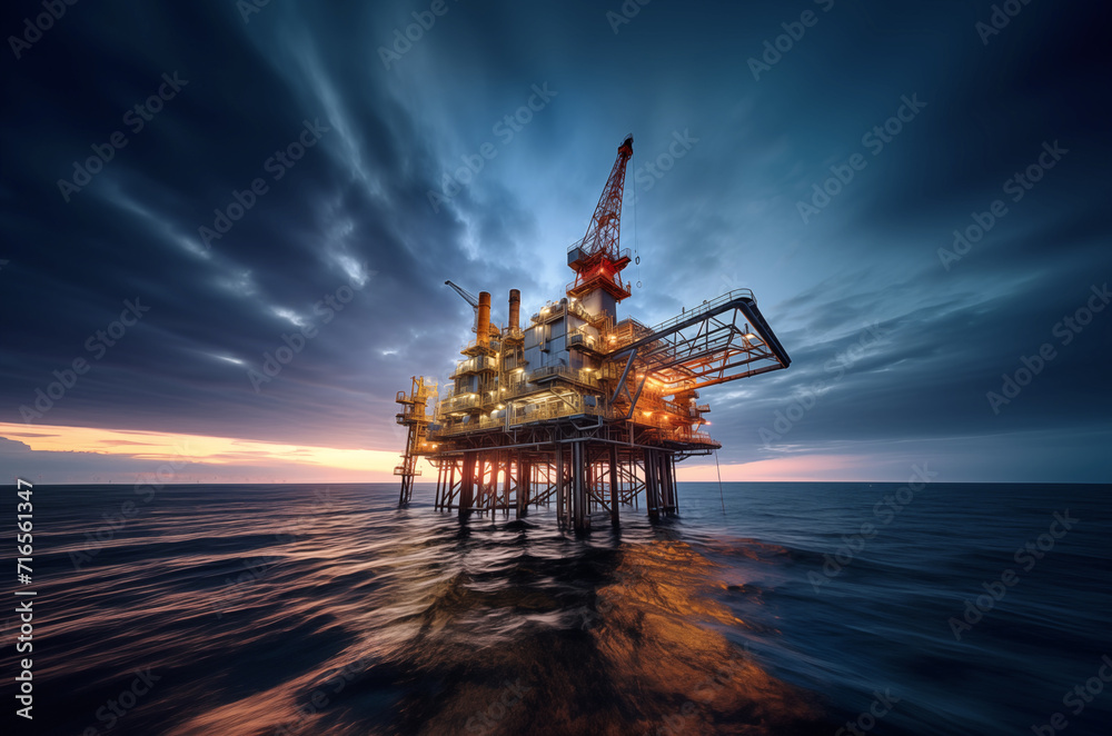 Beautiful sunset evening sky over the oil platform, lost in the Northern European seas, lit with warm plant lights. Petroleum and gas extract and process exploration industry concept wide-angle image