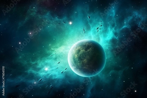 Starry space with turquoise hues, shining star dust, nebula, realistic galaxy, milky way and planet background. Generative AI