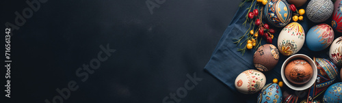Osterbanner mit bemalten Eiern  auf dunkelblauem Hintergrund. Draufsicht, flach gelegt mit Kopierraum photo