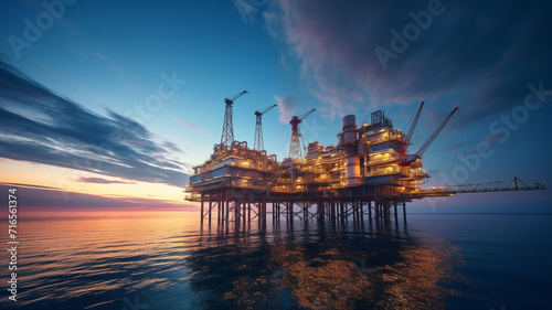 Beautiful sunset evening sky over the oil platform, lost in the Northern European seas, lit with warm plant lights. Petroleum and gas extract and process exploration industry concept wide-angle image