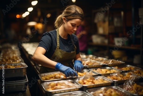 Food products are in boxes and volunteers are packing humanitarian aid into separate containers. Concept: organization of assistance to the poor and needy. Charities for refugees and the poor © Marynkka_muis