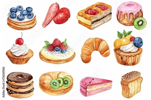 Illustration of fresh bakery items with fruit and cream Isolated on a white background