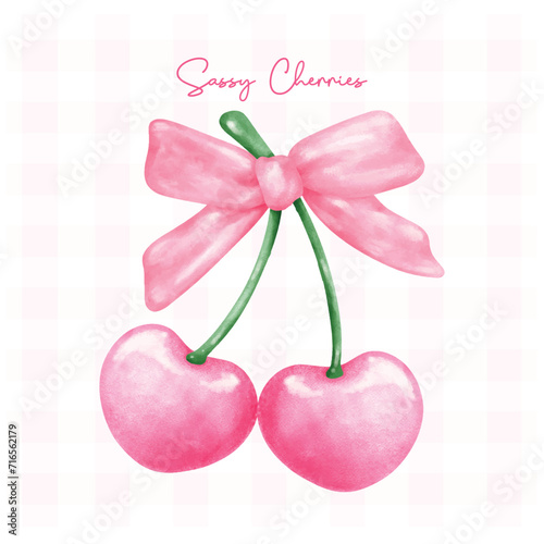 Hot Pink coquette cherries with pink ribbon bow, aesthetic watercolor hand drawing