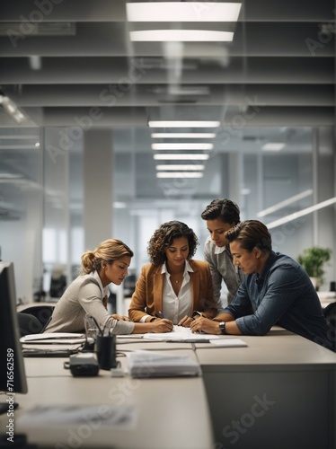 Group of People Sitting Around Table in Office for Discussion and Collaboration. Generative AI.