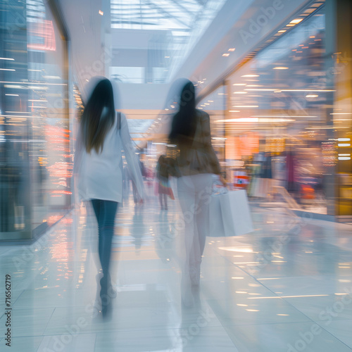 Zwei Frauen beim Shopping in einem Einkaufszentrum mit Langzeitbelichtung