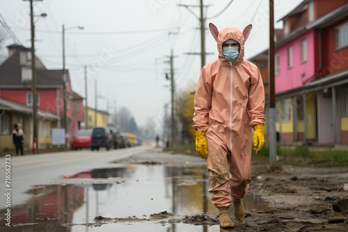 A man in a pink chemical suit walks along an abandoned street surrounded by radioactive mutant animals. Concept: exclusion zones, funny illustration © Neuro architect