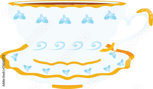 Elegant porcelain teacup with blue floral design and gold trim. Fancy teacup and saucer for high tea or coffee. Classic kitchenware and tea party elegance vector illustration.