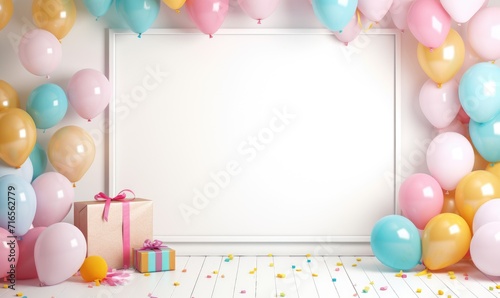Empty white frame with balloons and birthday decorations. Free space for text.