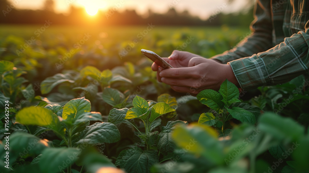 Smart farm.Farmer hand holding smart phone to inspecting smart farm grain field. in the analysis and control of plant quality in the soil smart digital agriculture.