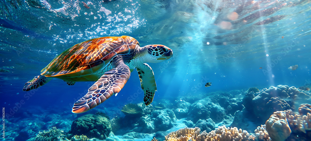 Obraz premium sea turtle swimming in the sea - a turtle swimming and swimming under the ocean, in the style of tropical