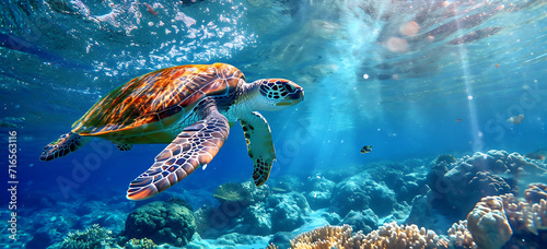 sea turtle swimming in the sea - a turtle swimming and swimming under the ocean, in the style of tropical © LiezDesign