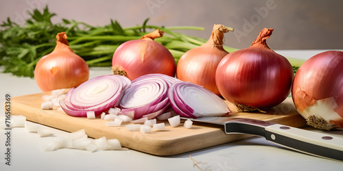 Cut Fresh Bulbs Of Onion image.  Fresh Onion Bulbs Ready for Culinary Creation.  photo