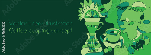 Vector illustration for coffee lovers. Pour over image. Creative surreal illustration with flavor wheel. Coffee shop banner template. Coffee cupping or coffee tasting concept.