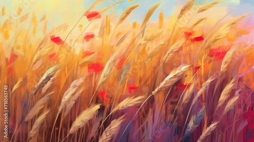Digital oil painting of wheat field with colorful Ai Generative