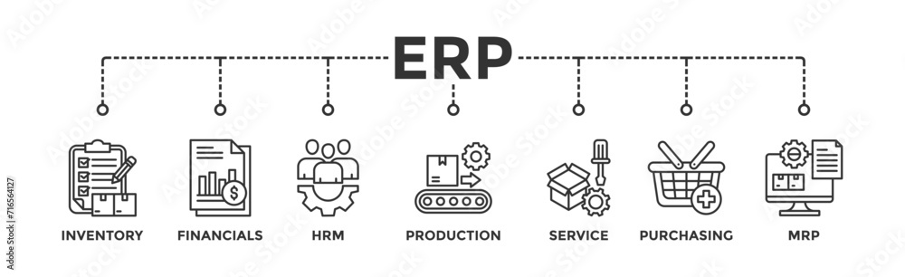 ERP banner web icon vector illustration concept for enterprise resource planning with icon of inventory, financials, hrm, production, service, purchasing, and mrp ERP banner web icon vector illustration concept for enterprise resource planning with icon of inventory, financials, hrm, production, service, purchasing, and mrp