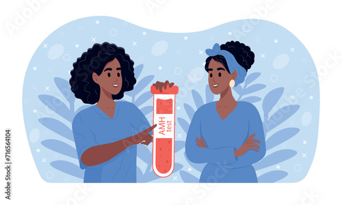 A young smiling black female doctor holding a test blood sample tube for analysis anti-Mu llerian hormone .