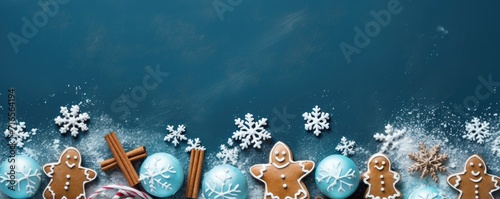 Beautiful Christmas decoration with amazing gingerbread cookies. Merry christmas theme. Christmas greeting card over black background, top view. Flat lay with copy space for xmas greetings. photo