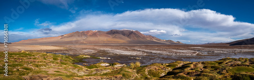 Panoramic view of lagoon in Salar de Tara, Atacama desert, Chile.