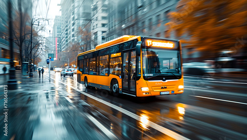 an old yellow / orange bus is driving on a city streets.  - Motion blur at night. photo
