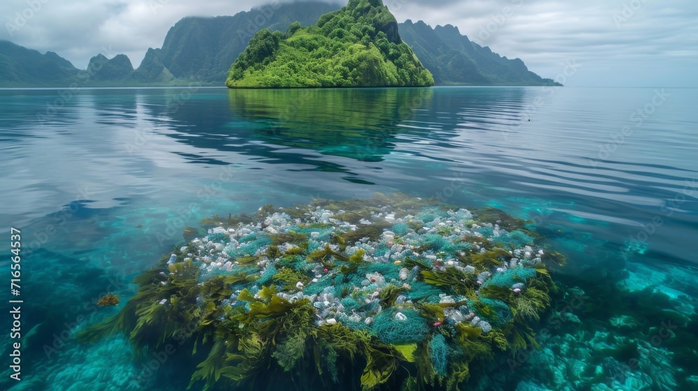 Île paradisiaque masquant un problème : Pollution plastique sous la surface - obrazy, fototapety, plakaty 
