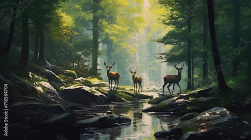 a painting of three deer standing in a forest next Ai Generative