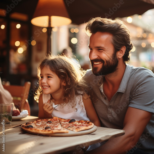 Retrato de familia feliz comiendo en el restaurante pizzeria . Reunion familiar, disfrutando en familia de momentos de vacaciones.