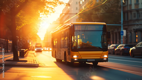 an old yellow / orange bus is driving on a city streets. - At sunset / runrise