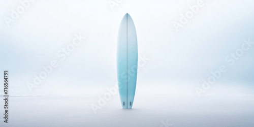 Surf board stand in a white beach sand on a sea coast. White mist, loneliness concept. Generative AI