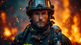 Brave Firefighter in Protective Gear Amidst Flames and Blaze by Generative A.I.