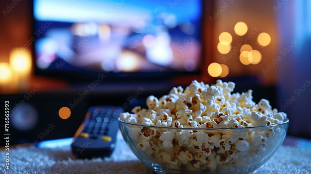 Popcorn in glass bowl and remote control in front of TV. Created with Generative Ai technology.