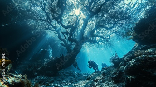 Divers swim underwater among the trees. Diving with scuba gear and fins. Concept: water exploration and treasure hunting in a flooded area 
