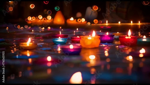 Beautiful multicolor diyas at night, diwali celebration concept, seamless looping, burning candles, Diwali, Realistic diwali lamps on a reflective base, Diya oil lamp and flowers, Generative Ai photo