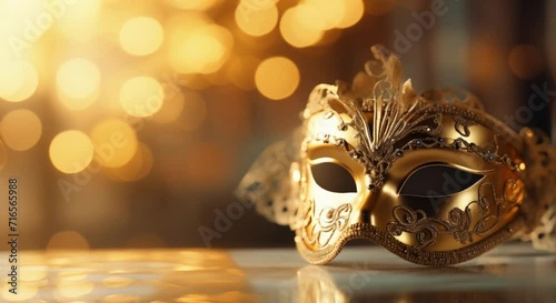 Mardi Gras carnival mask and beads on purple background with bokeh lights, Elegant white masquerade mask subtle animated image motion background seamless looping, Generative Ai photo