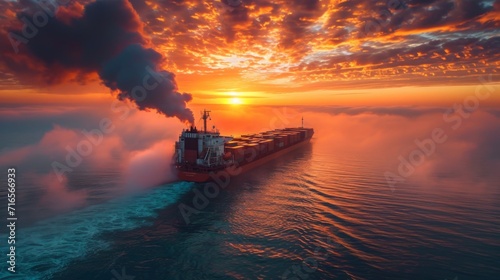 Navire cargo en mer au coucher du soleil : Paysage marin spectaculaire
