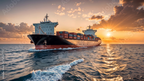 Seascape with container ship on sunset background. AI photo