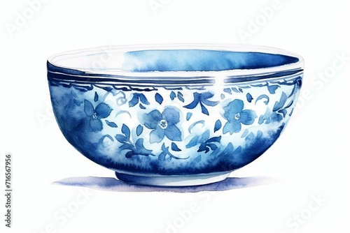 Blue ceramic bowl side view with watercolor illustration on white background. Suitable for decoration, menu compositions, and recipes. Generative AI